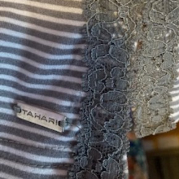 Tahari Nightshirt, greyand white tiny stripes, lace collar and side slits, Med. - Picture 3 of 7